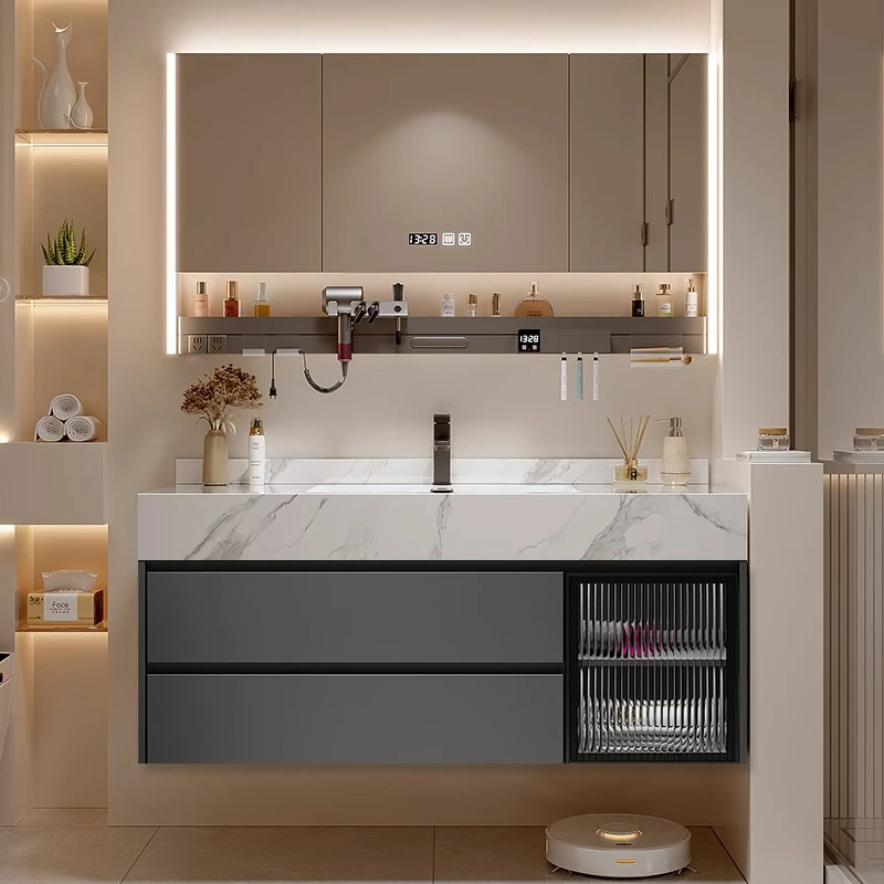 卫生间浴室柜组合岩板陶瓷无缝一体盆洗漱台洗脸盆智能定制卫浴柜