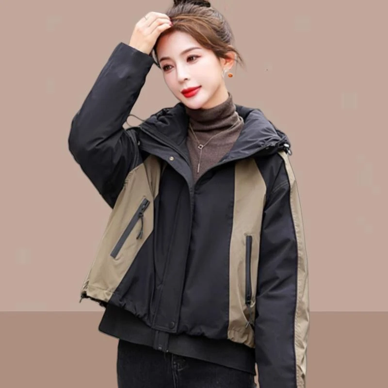 韩系拼接时尚冲锋衣外套女2025春季新款宽松连帽设计感棉衣棒球服