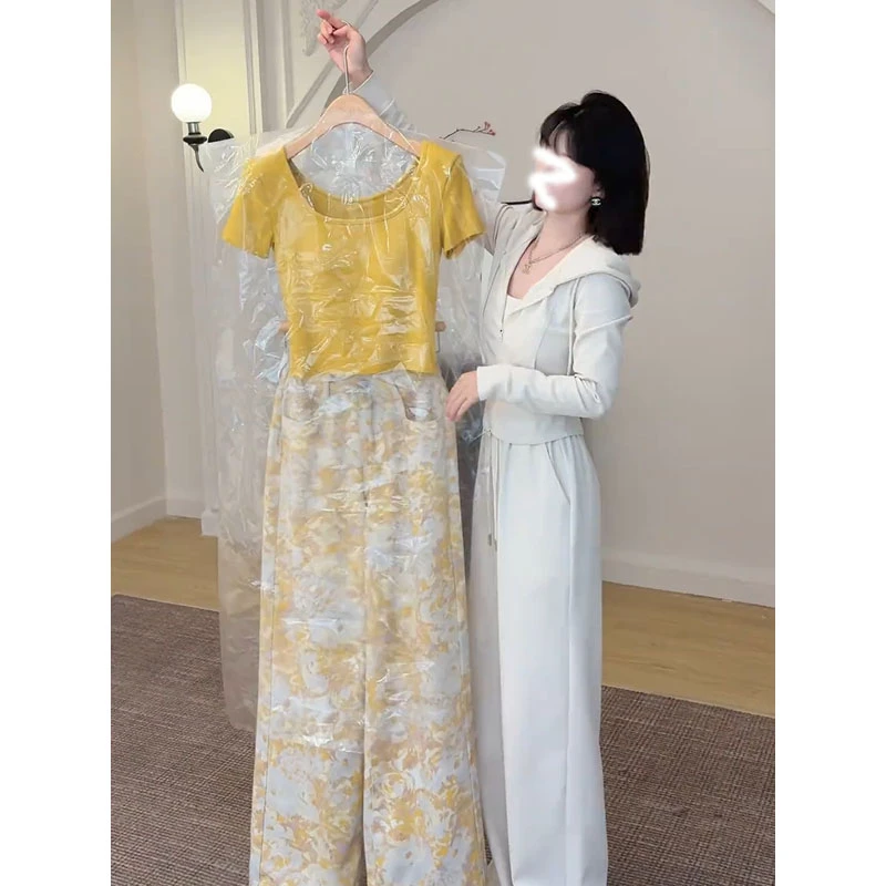 2025夏季新款时尚辣妹小众设计感U领短袖高腰印花阔腿裤两件套装