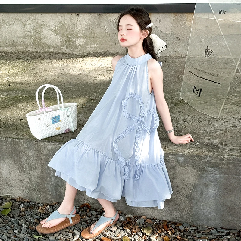 女童挂脖连衣裙夏季2025新款儿童沙滩裙子夏装中大童蝴蝶结公主裙