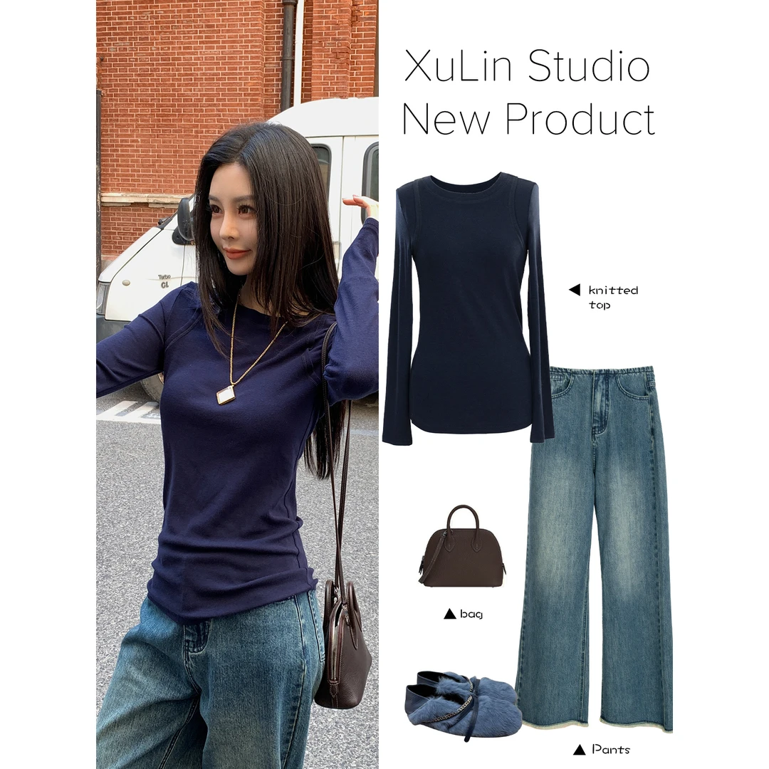 MINI STUDIO徐琳修身纸片人超柔仿羊绒假两件针织上衣x240602