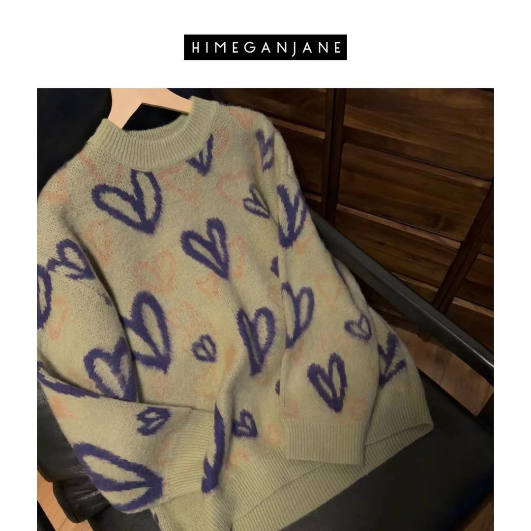 HIMEGANJANE 爱心毛衣 羊毛马海毛男女同款套头软糯毛衣3787