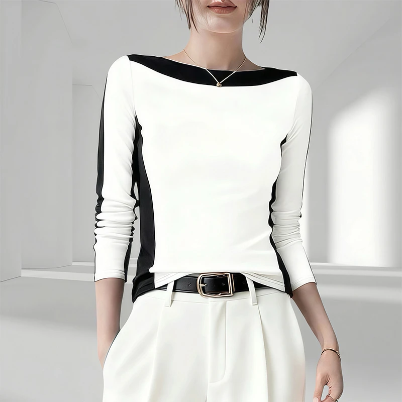 长袖t恤女秋冬2025新款设计感修身显瘦拼色一字领上衣内搭打底衫