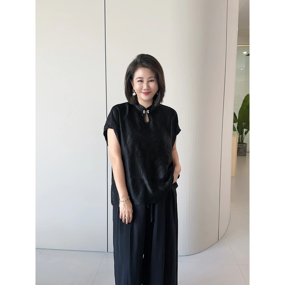 微胖女装【禅意】缎面包袖精致五金盘扣上衣显瘦百搭短袖20713