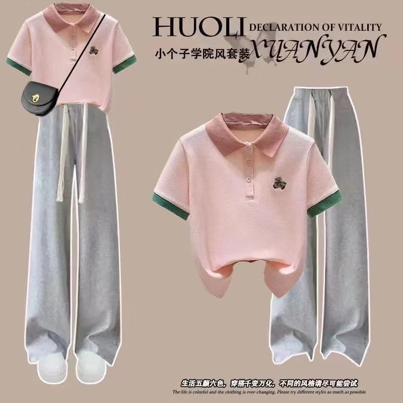 大童小清新夏季新款套装初中生女装POLO领短袖T恤休闲阔腿裤两件