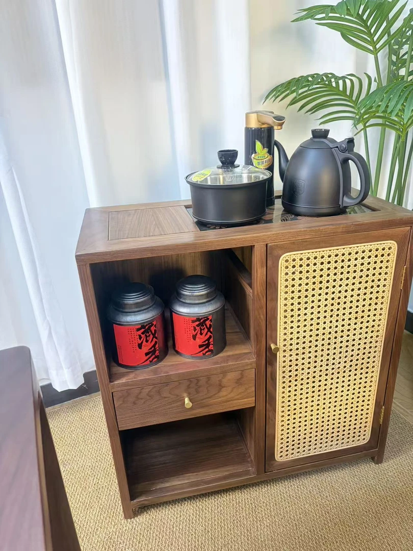 实木北美黑胡桃木茶水柜客厅阳台移动茶几烧水