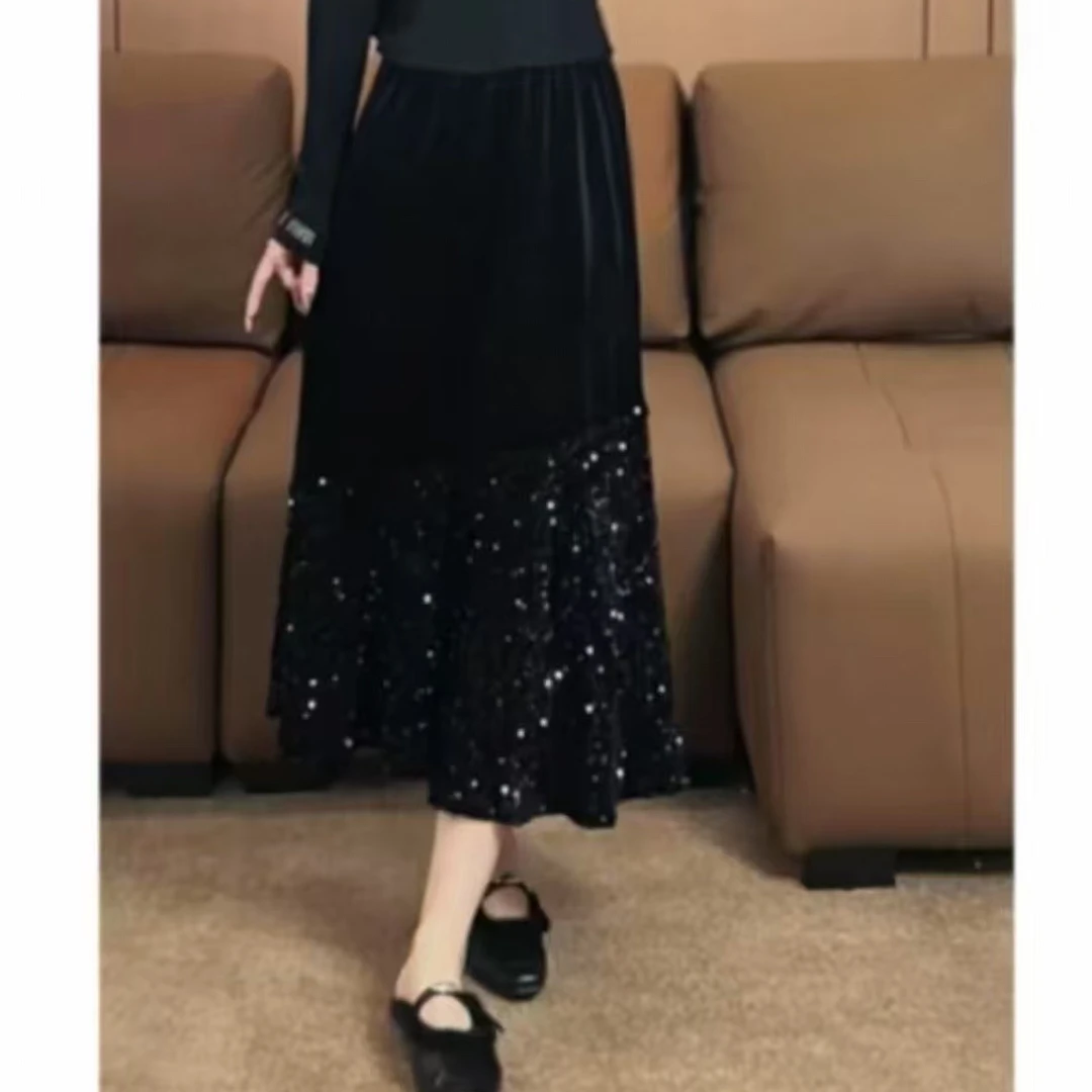 6819-2025年冬季新款时尚显瘦气质百搭拼接金丝绒亮片半身裙