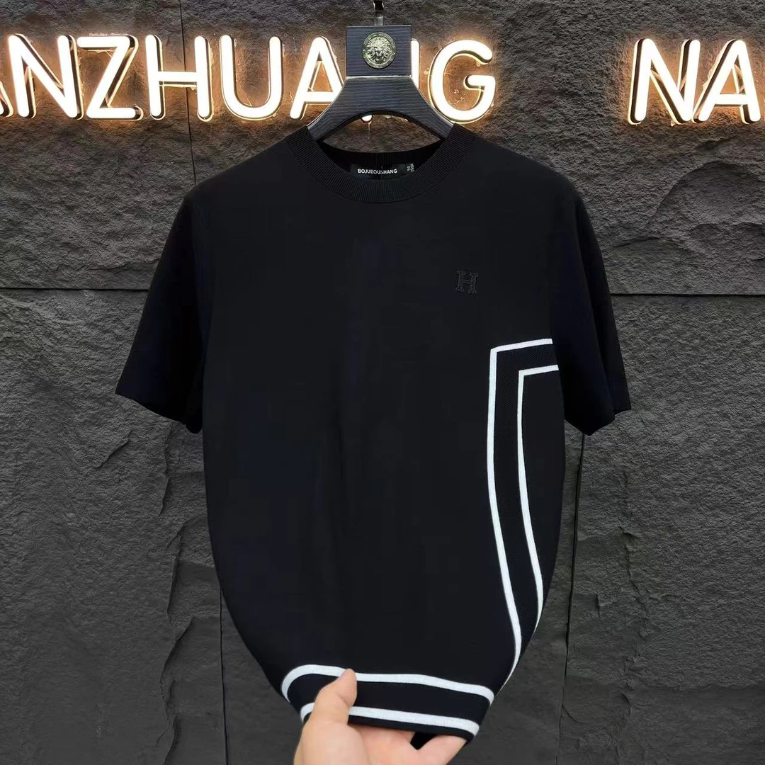 【十年老店】男士秋冬新款圆领短袖毛衣时尚条纹设计潮流休闲针织衫