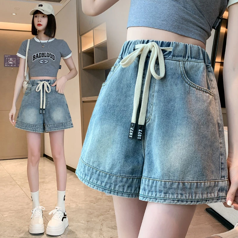 韩版夏季松紧腰三分抽绳女式蓝色高腰短裤洋气牛仔欧若假日风