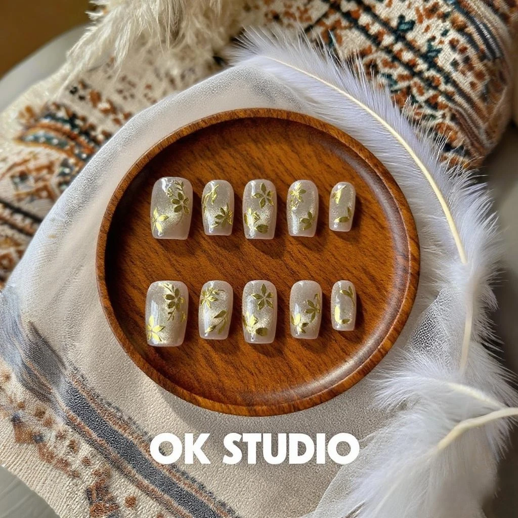 OKNail【古风翠竹】2025短款国风追光金色穿戴甲显白新中式国风美甲