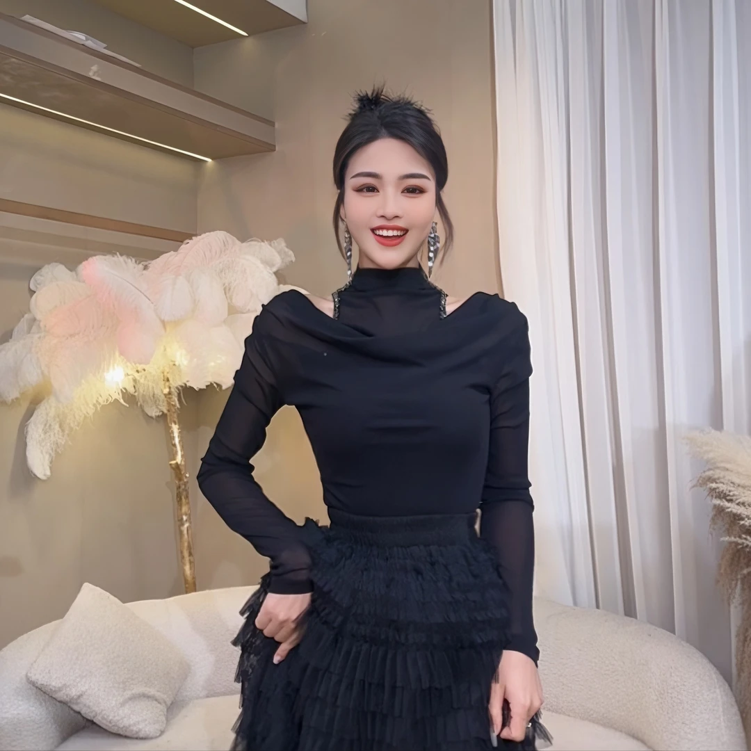 【嘉嘉专享】11661夏季新款荡领钉珠网纱T恤上衣女