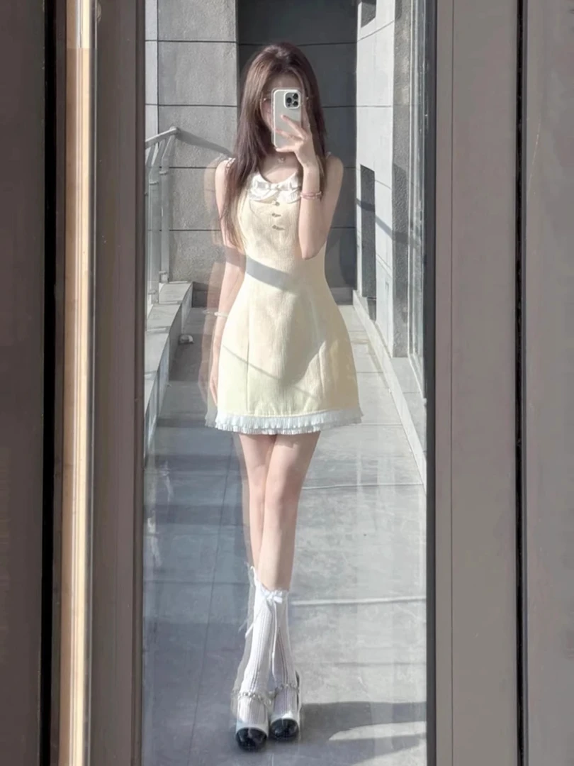 今年流行小香风黄色娃娃领连衣裙女夏季大码高级气质收腰显瘦短裙