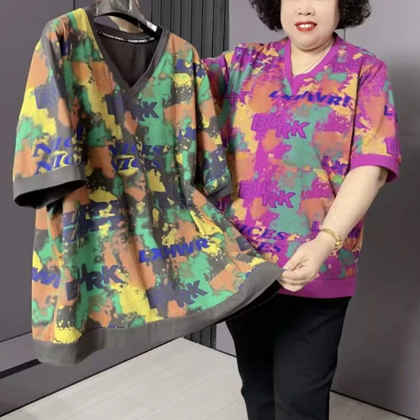 01691V领字母时尚薄款夏季女士晕染花色T恤