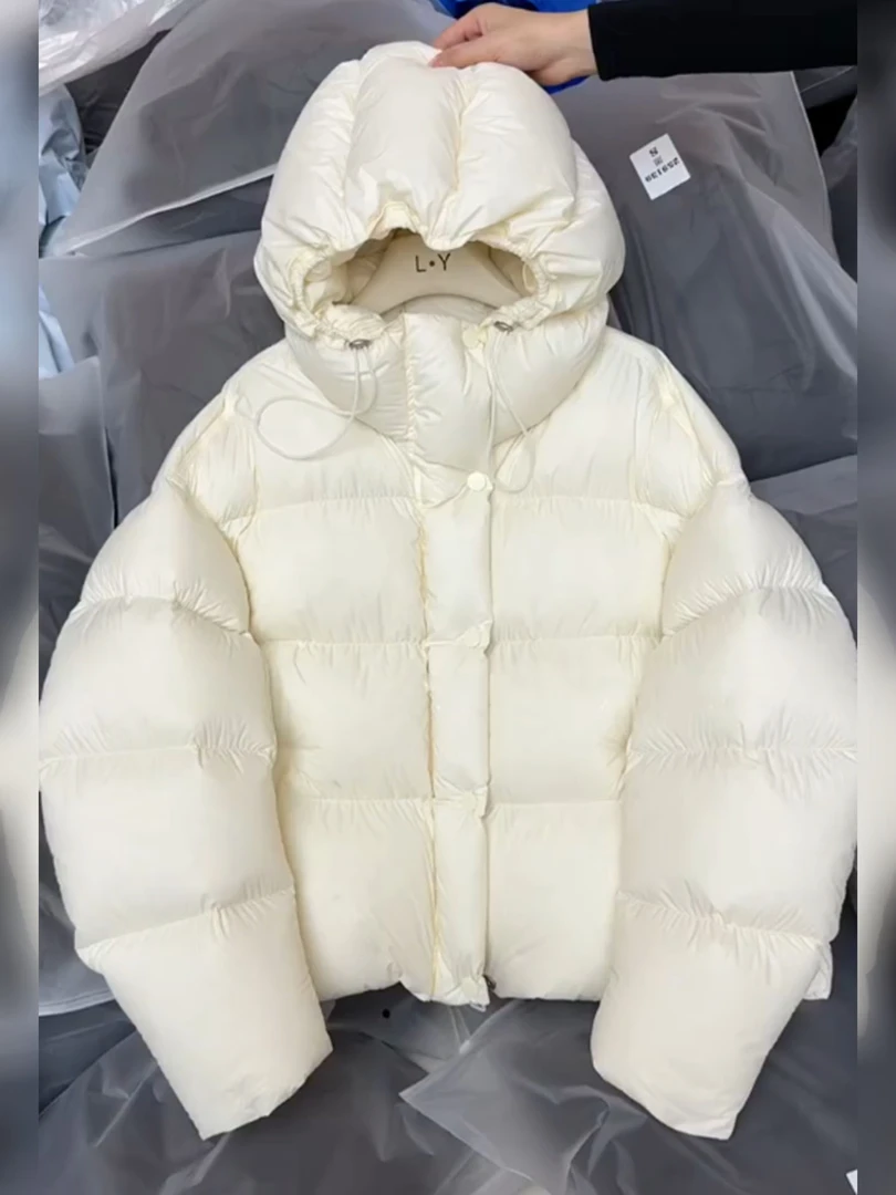 白色连帽短款棉衣棉服女2025年冬新款加厚宽松百搭蓬松面包服外套