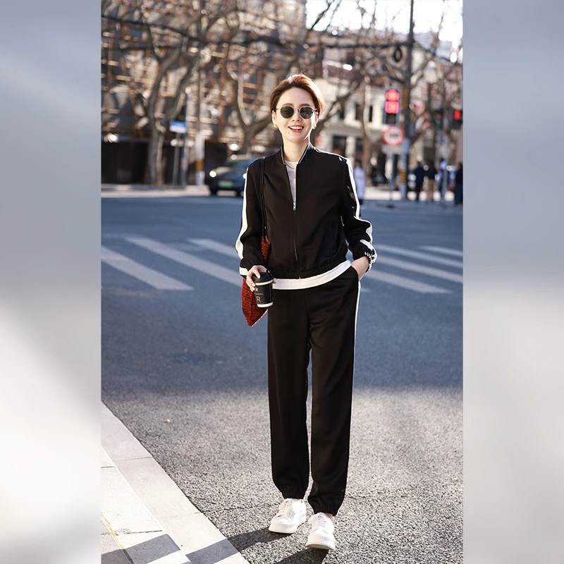WinnieTang超强抗皱可机醋酸休闲商务风套装 撞色夹克+垂感束脚裤