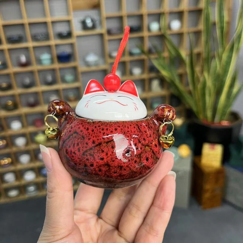 窑变红招财猫茶叶罐024