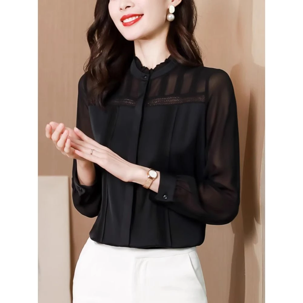 黑色长袖衬衫女2025春秋装新款高级感洋气打底衫上衣高端衬衣小衫