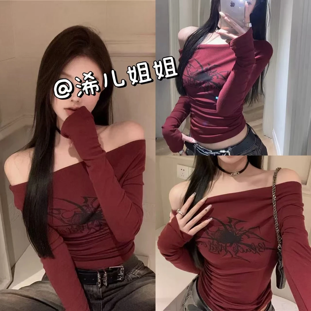 （浠儿姐姐）长袖T恤女早秋辣妹别致chic修身显瘦打底衫一字肩上衣