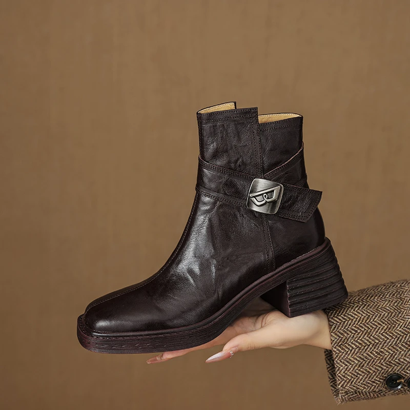 羊皮6公分复古加绒时尚真皮瘦瘦靴气质百搭粗跟英伦风方头短靴965