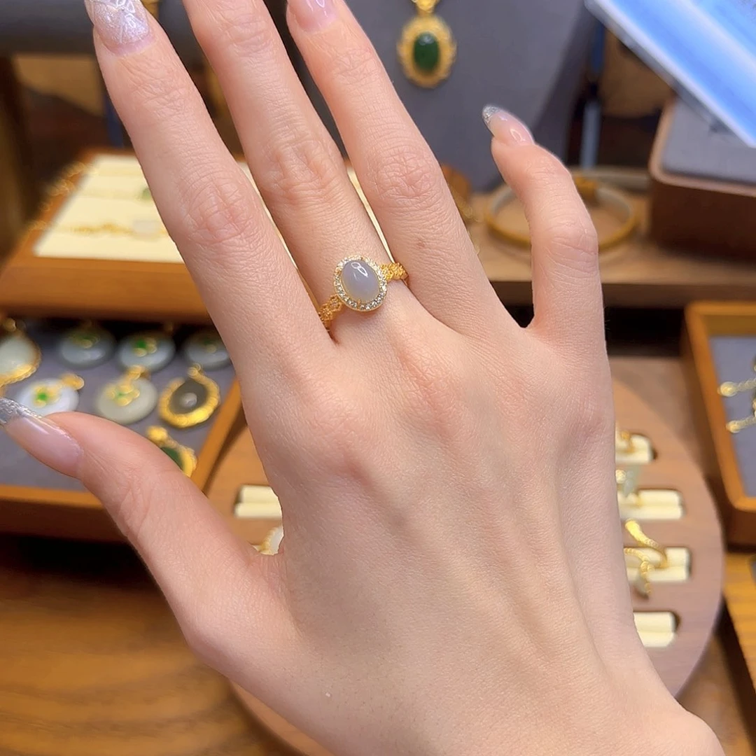 和田玉戒指银S925镀金镶嵌