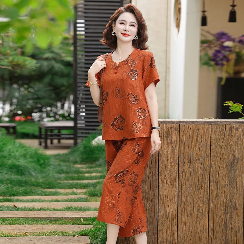 中老年女装夏季冰丝麻套装中袖T恤七分裤妈妈装圆领洋气两件套薄