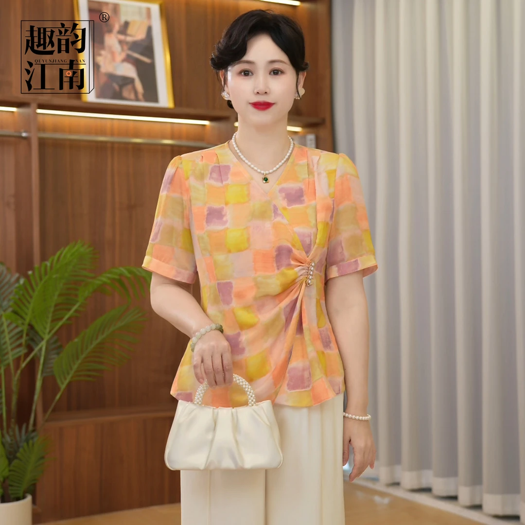 妈妈装夏季格子印花套装中老年女装夏季时尚气质雪纺小衫