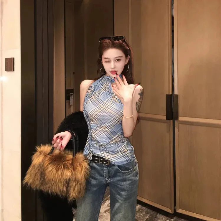 千禧风挂脖双层网纱上衣格纹吊带背心女设计（按直播间编号购买）