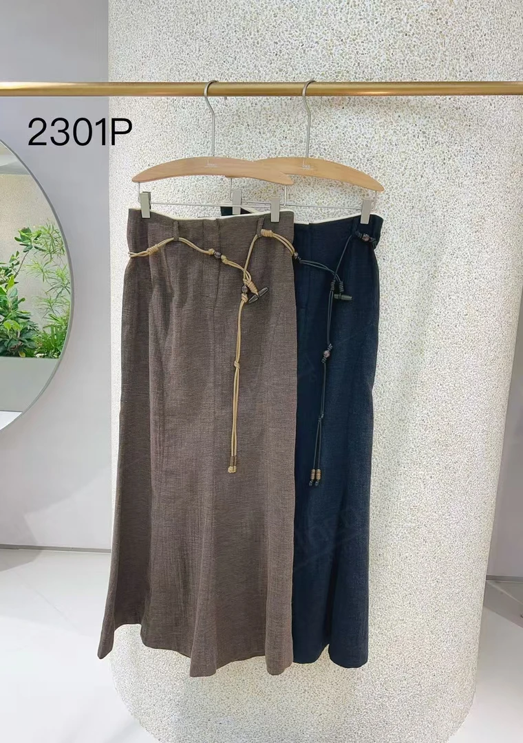 YURONGBIN 【名古屋】高品质简约通勤高腰A字摆开衩配腰带半身裙