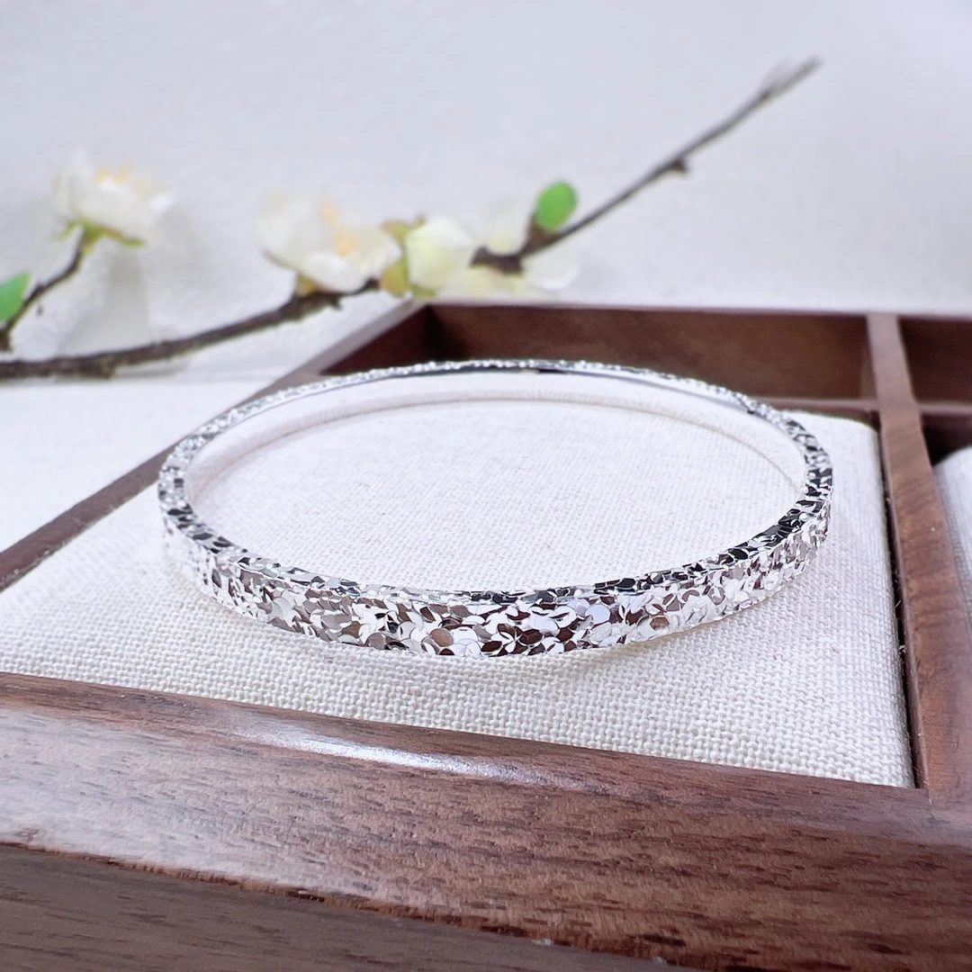 足银手镯 正品9999碎碎冰纯银手镯实心年轻简约镯子送老婆送女友