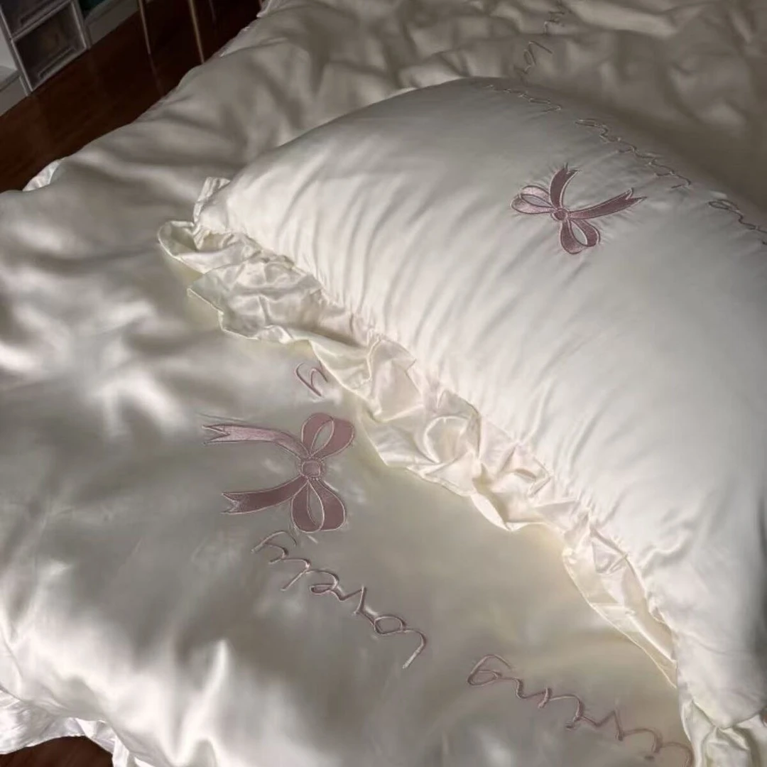 少女心蝴蝶结蕾丝花边四件套高密高支刺绣被套公主风亲肤秋冬床品
