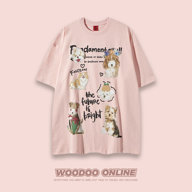 WOODOO 小众设计感 美式复古创意卡通印花ins 男女短袖T恤