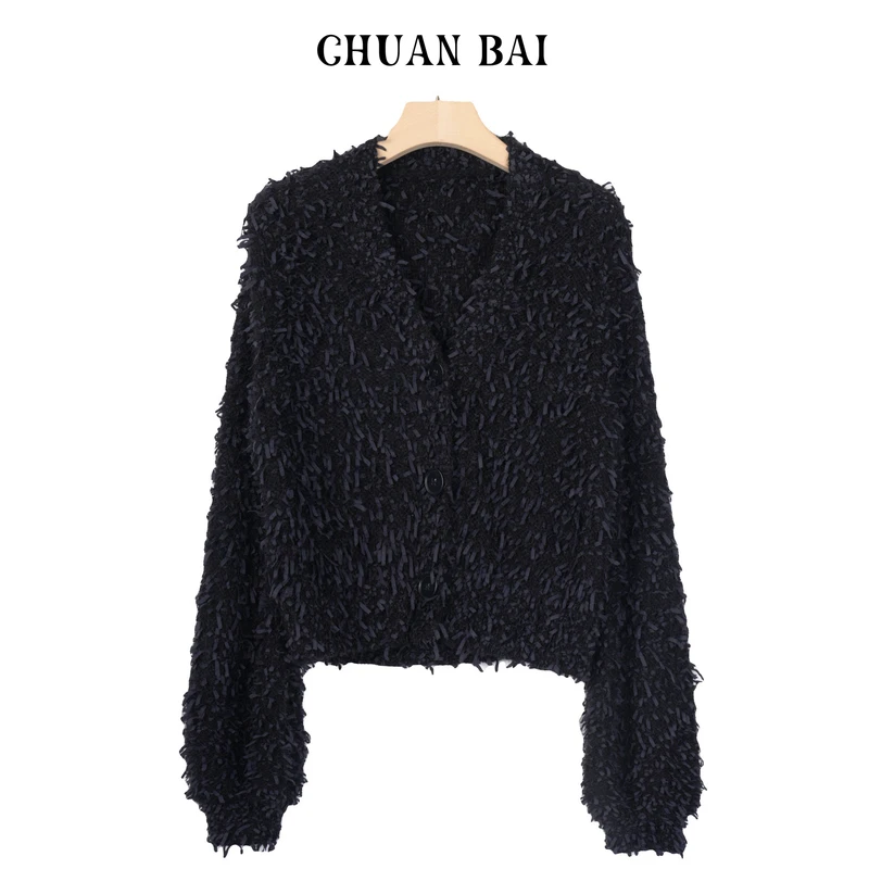 CHUAN BAI新款马海毛韩系纸片扣子v领设计针织开衫-