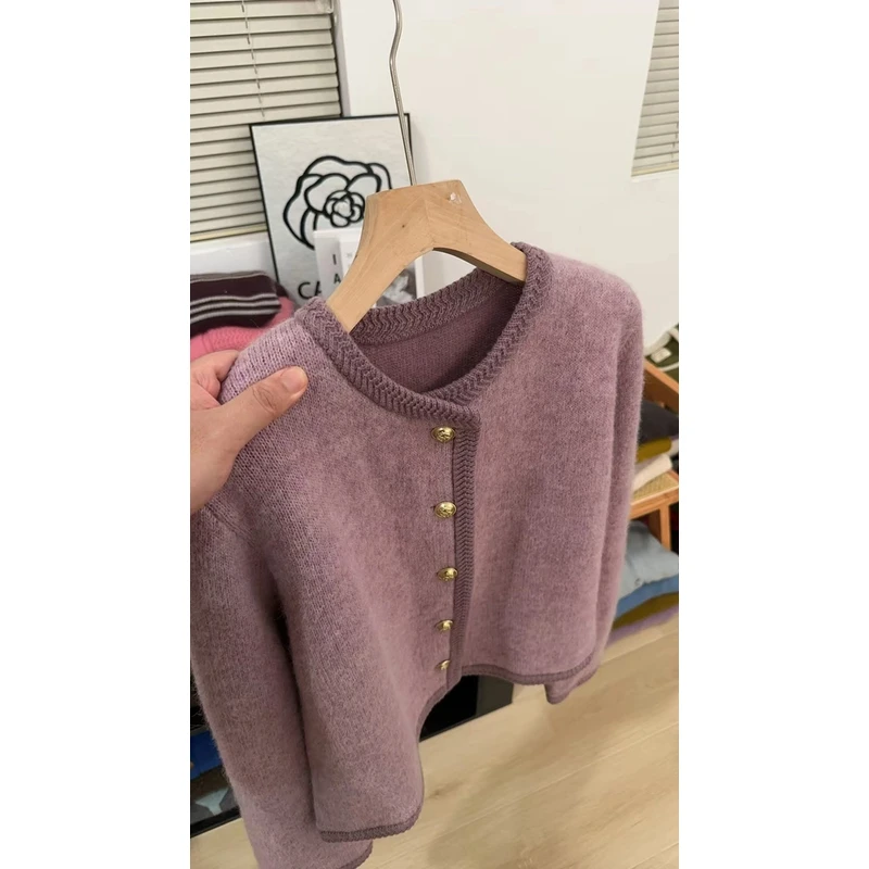 「奶芋金豆小香」奶芋粉复古花纱软糯设计感小众洋气针织开衫女