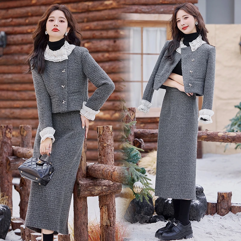 轻奢气场强大女装冬季新款小香风两件套女装套装显瘦气质毛呢外套