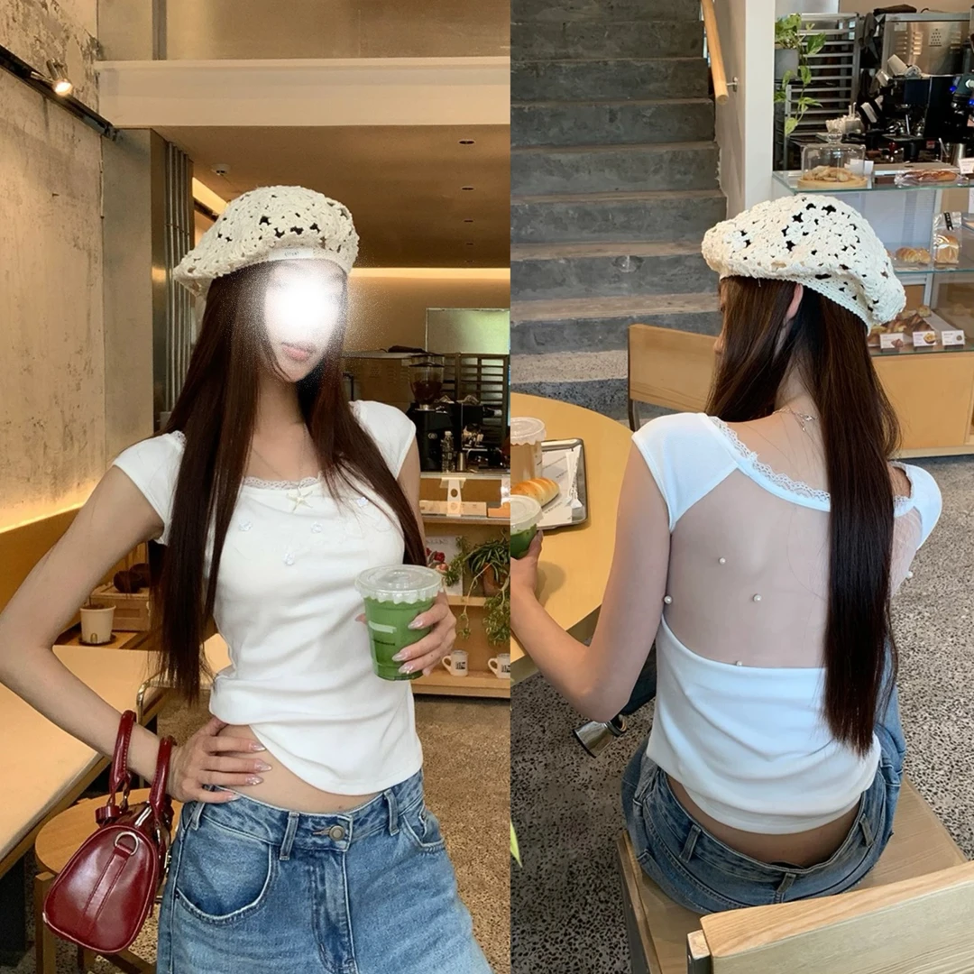 韩系短袖t恤女2025新款夏季正肩白色性感辣妹独特漂亮的小上衣