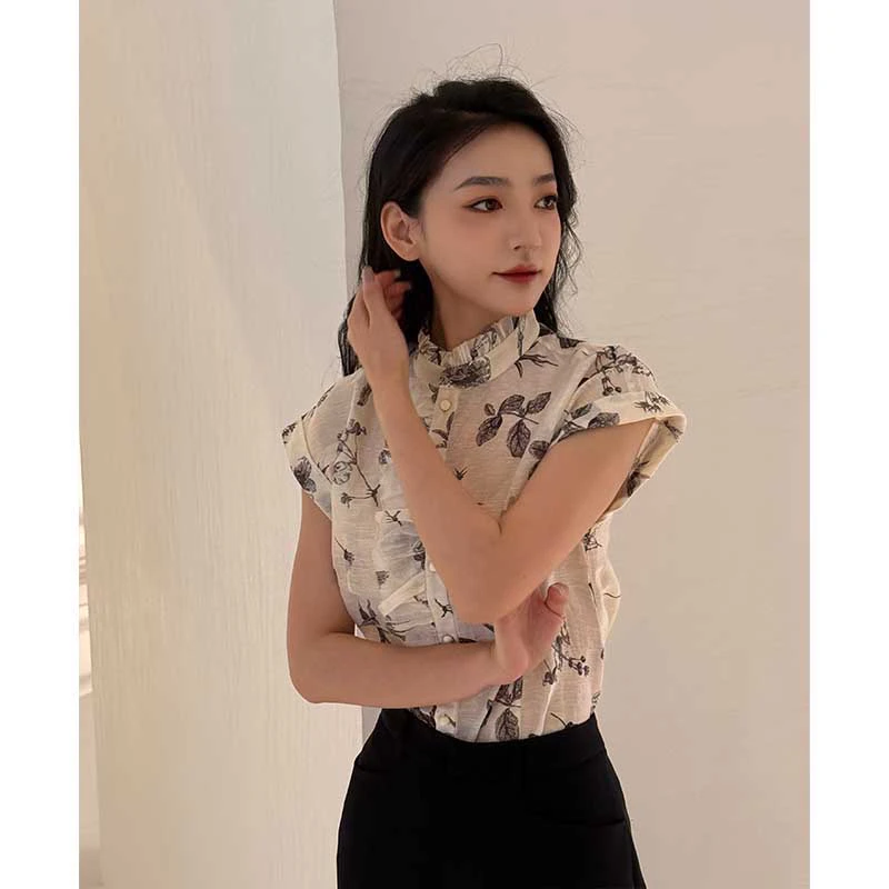 GIRDEAR/哥弟「花间畔」新中式时尚优雅复古提花气质立领衬衫130023