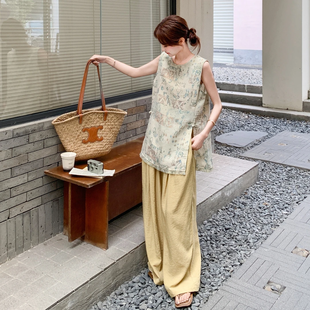 复古碎花上衣阔腿套装新中式文艺宽松时尚套装女装夏季中国风印花