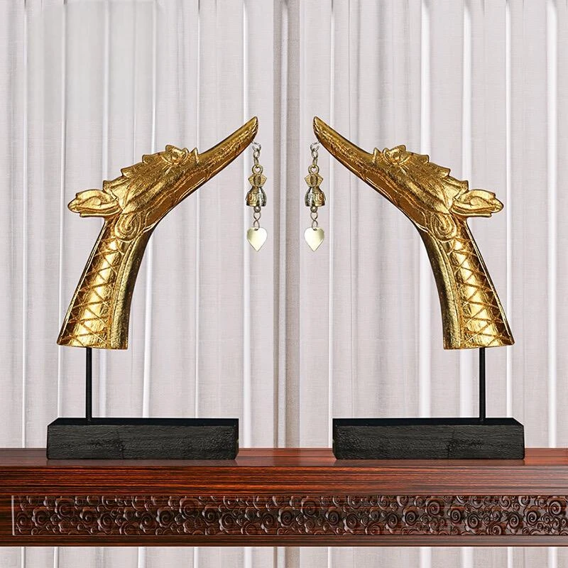 泰式东南他桌面金箔实木龙凤角摆件高档20*9*37