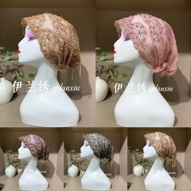 2025年夏季新款手工串珠鱼尾流苏帽子蕾丝包头,时尚百搭洋气帽子