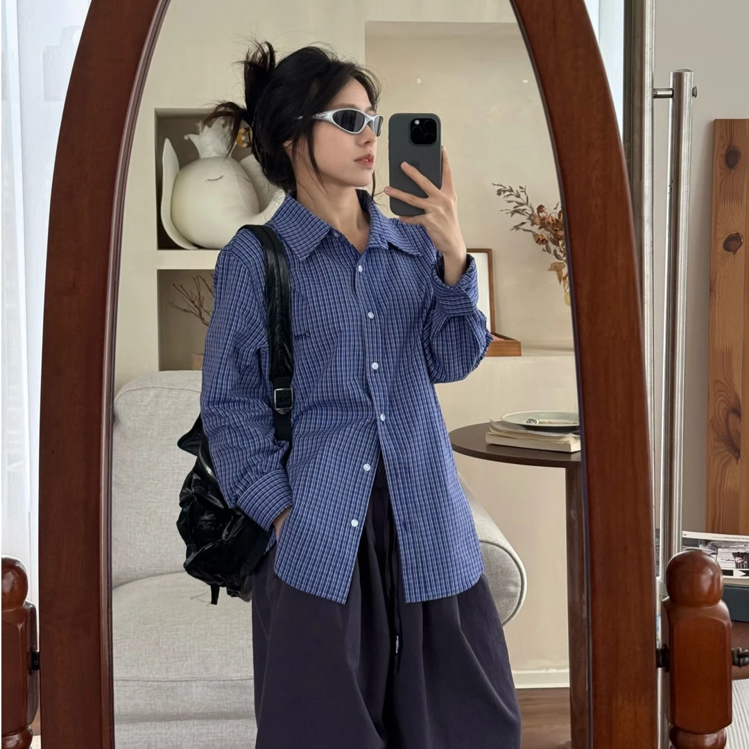 【一四六Yisiliu】小个子早春miu系复古蓝格刺绣字母纯棉长袖衬衫