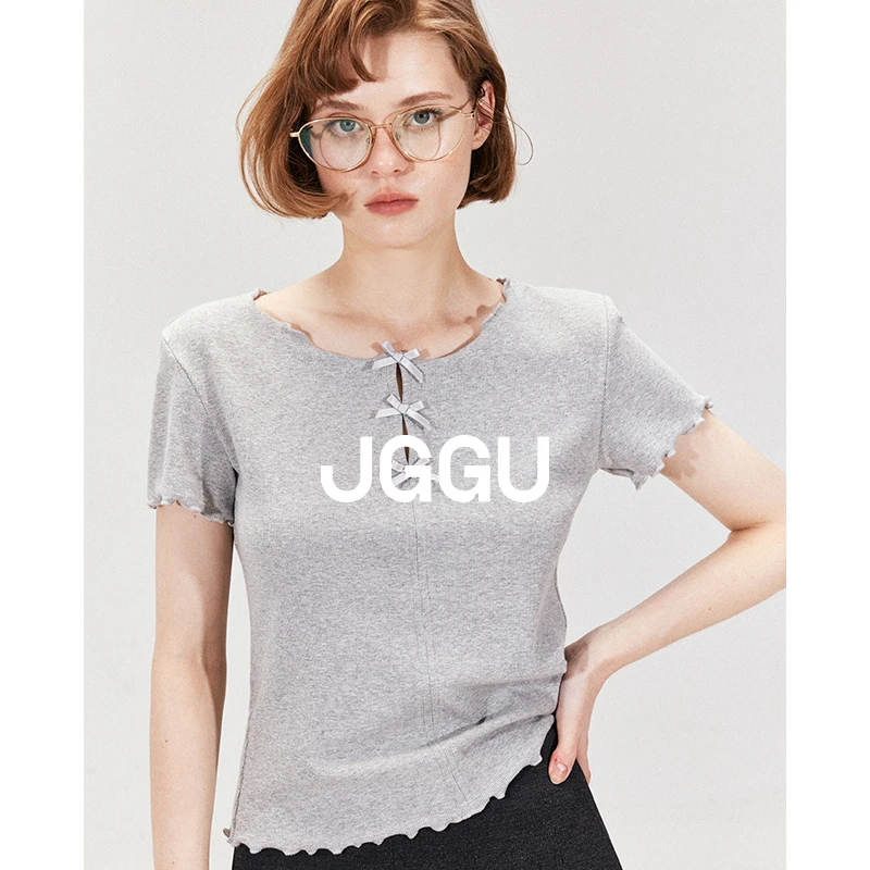 晶咕黑标JGGU【唤醒多巴胺】多巴胺氛围感甜美蝴蝶结卷边减龄T恤