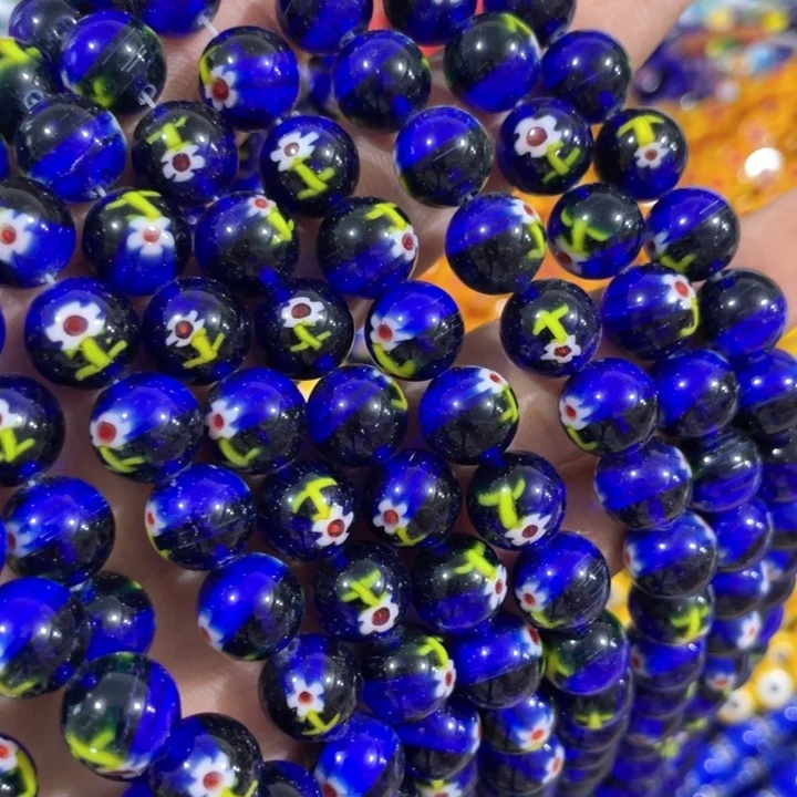 大理石磁石2条10mm蓝色小花款圆珠