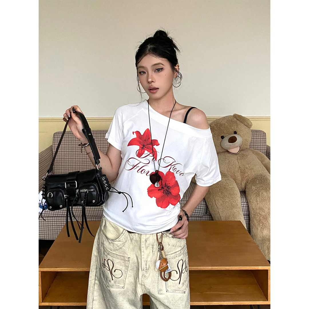 NOWANDHERE夏日花朵印花斜肩短袖T恤女美式千禧辣妹短款露肩上衣