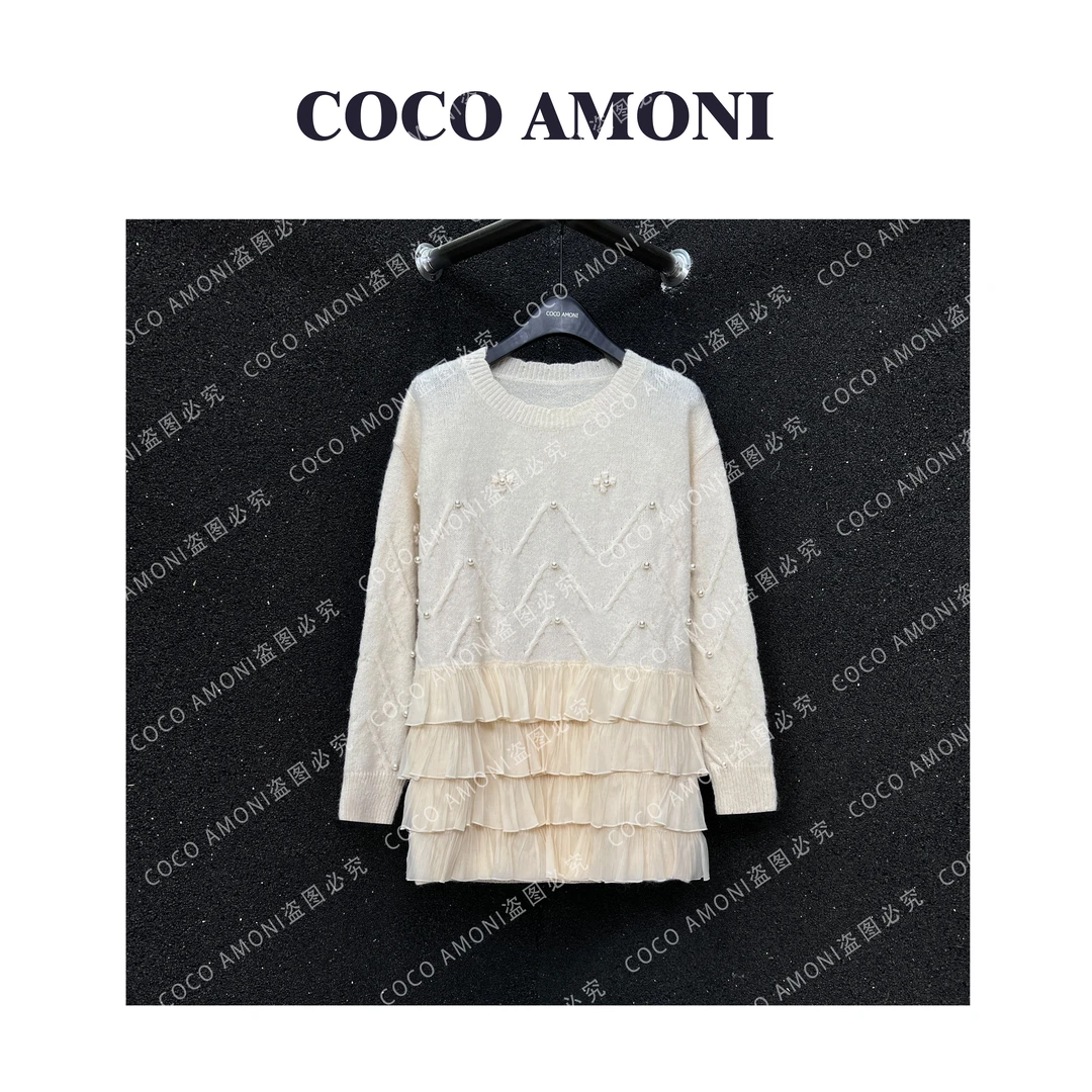 秋冬新款高级感重磅钉珠圆领针织衫百搭显瘦长袖毛衣女JY270