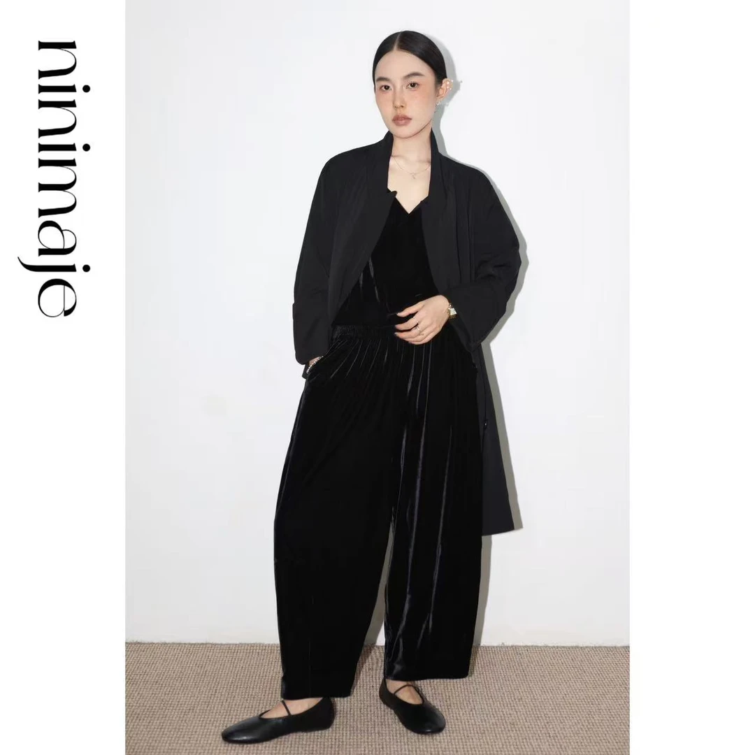 NanBeiBei 极简设计抽绳丝绒黑裤 6199