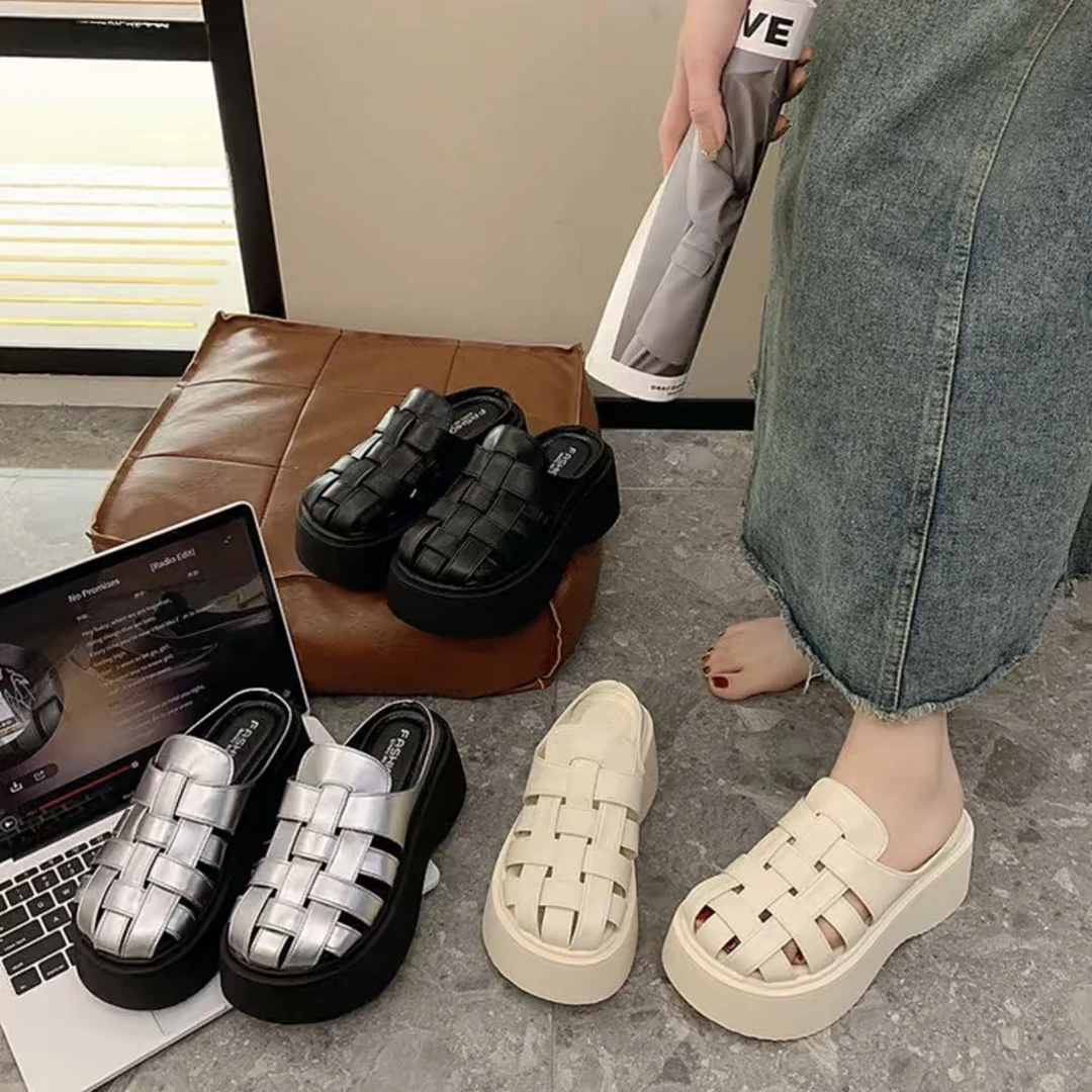 2025夏季新款6cm内增高拖鞋厚底外穿包头拖鞋百搭镂空编制凉拖xl