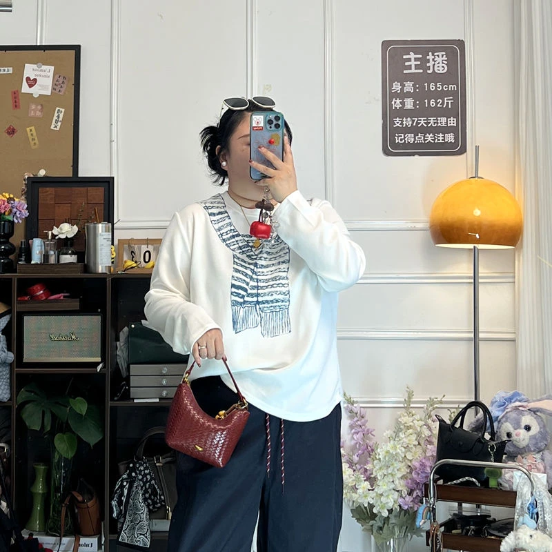 YZJ【披肩百搭T】大码圆领秋披肩印花透气宽松显瘦长袖休闲打底T恤