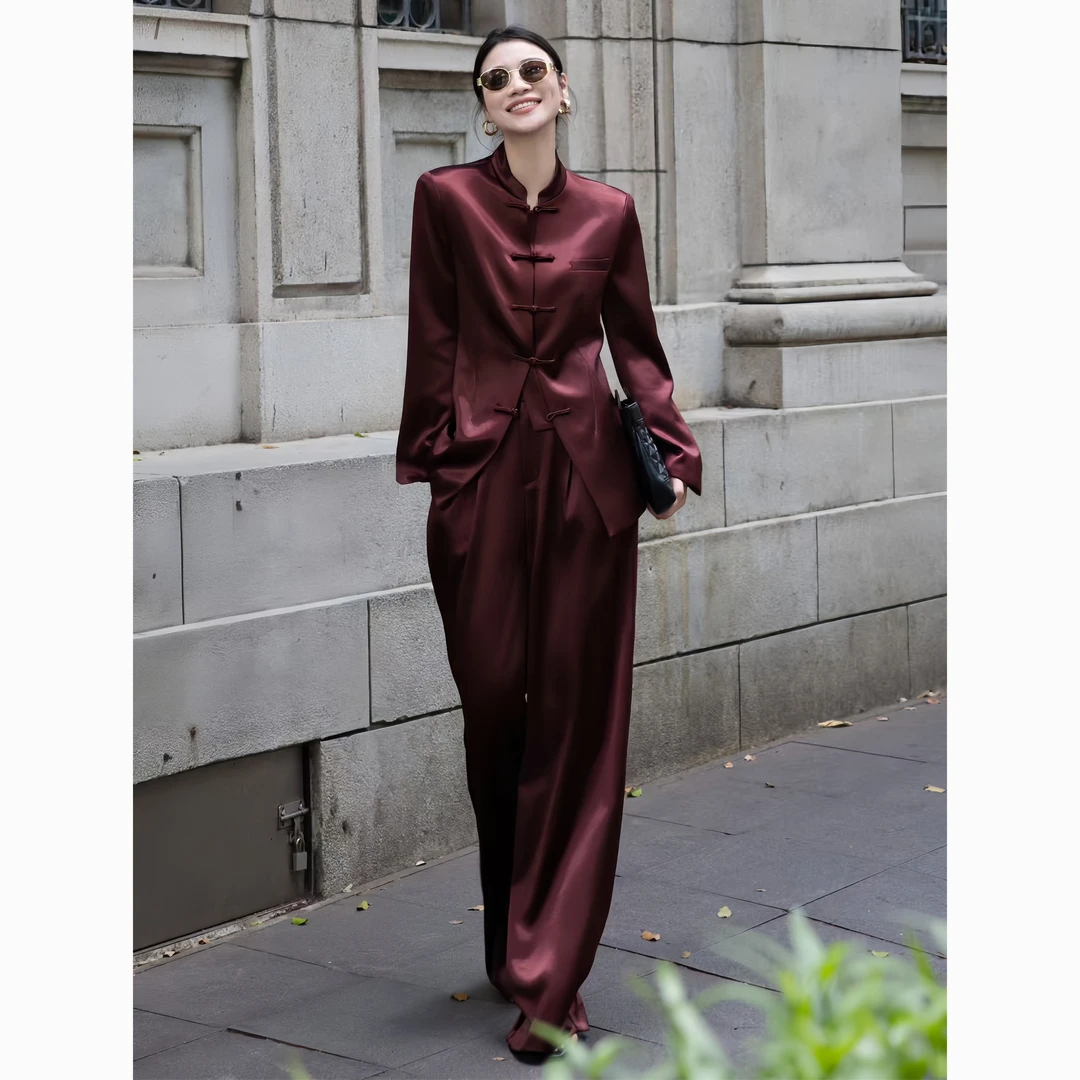 ZEROYK新中式时尚套装2025秋季新款高级感醋酸盘扣西服长裤两件套