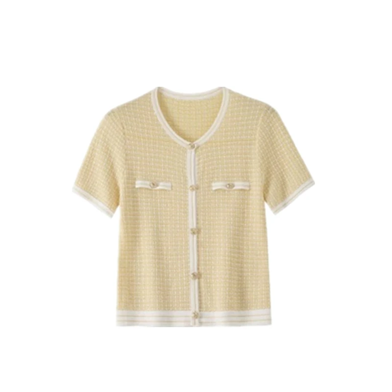 【1113】2025夏季新款法式小香风针织衫女撞色肌理感短袖上衣
