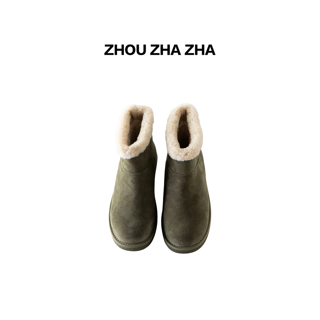 【周炸炸】“豆包鞋”牛反绒雪地靴内里羊皮毛一体高帮保暖#H 9052-1